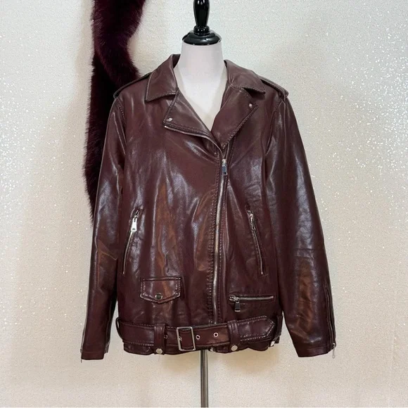 Azalea Wang Aurelia Faux Leather Moto Jacket XL Burgundy Faux Fur Collar NWT - Picture 11 of 16